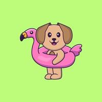 chien mignon avec bouée flamant rose. concept de dessin animé animal isolé. peut être utilisé pour un t-shirt, une carte de voeux, une carte d'invitation ou une mascotte. style cartoon plat vecteur