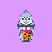 oiseau mignon buvant du thé au lait boba. concept de dessin animé animal isolé. peut être utilisé pour un t-shirt, une carte de voeux, une carte d'invitation ou une mascotte. style cartoon plat vecteur