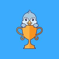 oiseau mignon avec trophée d'or. concept de dessin animé animal isolé. peut être utilisé pour un t-shirt, une carte de voeux, une carte d'invitation ou une mascotte. style cartoon plat vecteur