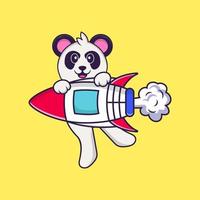 panda mignon volant sur fusée. concept de dessin animé animal isolé. peut être utilisé pour un t-shirt, une carte de voeux, une carte d'invitation ou une mascotte. style cartoon plat vecteur