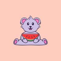 koala mignon mangeant de la pastèque. concept de dessin animé animal isolé. peut être utilisé pour un t-shirt, une carte de voeux, une carte d'invitation ou une mascotte. style cartoon plat vecteur