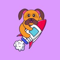 chien mignon volant sur fusée. concept de dessin animé animal isolé. peut être utilisé pour un t-shirt, une carte de voeux, une carte d'invitation ou une mascotte. style cartoon plat vecteur