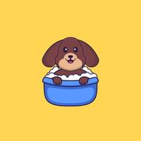 chien mignon prenant un bain dans la baignoire. concept de dessin animé animal isolé. peut être utilisé pour un t-shirt, une carte de voeux, une carte d'invitation ou une mascotte. style cartoon plat vecteur