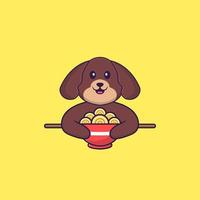 chien mignon mangeant des nouilles ramen. concept de dessin animé animal isolé. peut être utilisé pour un t-shirt, une carte de voeux, une carte d'invitation ou une mascotte. style cartoon plat vecteur