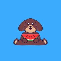 chien mignon mangeant de la pastèque. concept de dessin animé animal isolé. peut être utilisé pour un t-shirt, une carte de voeux, une carte d'invitation ou une mascotte. style cartoon plat vecteur