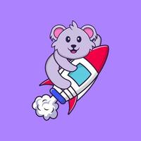 koala mignon volant sur fusée. concept de dessin animé animal isolé. peut être utilisé pour un t-shirt, une carte de voeux, une carte d'invitation ou une mascotte. style cartoon plat vecteur