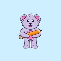 koala mignon tenant un crayon. concept de dessin animé animal isolé. peut être utilisé pour un t-shirt, une carte de voeux, une carte d'invitation ou une mascotte. style cartoon plat vecteur