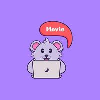 le koala mignon regarde un film. concept de dessin animé animal isolé. peut être utilisé pour un t-shirt, une carte de voeux, une carte d'invitation ou une mascotte. style cartoon plat vecteur