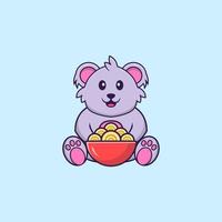 koala mignon mangeant des nouilles ramen. concept de dessin animé animal isolé. peut être utilisé pour un t-shirt, une carte de voeux, une carte d'invitation ou une mascotte. style cartoon plat vecteur