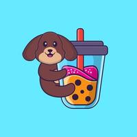 chien mignon buvant du thé au lait boba. concept de dessin animé animal isolé. peut être utilisé pour un t-shirt, une carte de voeux, une carte d'invitation ou une mascotte. style cartoon plat vecteur