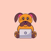 chien mignon utilisant un ordinateur portable. concept de dessin animé animal isolé. peut être utilisé pour un t-shirt, une carte de voeux, une carte d'invitation ou une mascotte. style cartoon plat vecteur