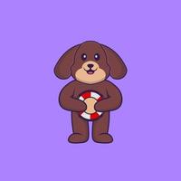 chien mignon tenant une bouée. concept de dessin animé animal isolé. peut être utilisé pour un t-shirt, une carte de voeux, une carte d'invitation ou une mascotte. style cartoon plat vecteur