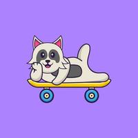 chien mignon allongé sur une planche à roulettes. concept de dessin animé animal isolé. peut être utilisé pour un t-shirt, une carte de voeux, une carte d'invitation ou une mascotte. style cartoon plat vecteur