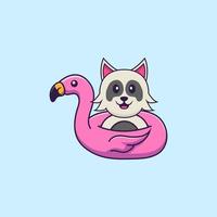 chien mignon avec bouée flamant rose. concept de dessin animé animal isolé. peut être utilisé pour un t-shirt, une carte de voeux, une carte d'invitation ou une mascotte. style cartoon plat vecteur