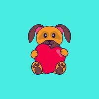 chien mignon tenant un gros coeur rouge. concept de dessin animé animal isolé. peut être utilisé pour un t-shirt, une carte de voeux, une carte d'invitation ou une mascotte. style cartoon plat vecteur