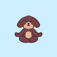 un chien mignon médite ou fait du yoga. concept de dessin animé animal isolé. peut être utilisé pour un t-shirt, une carte de voeux, une carte d'invitation ou une mascotte. style cartoon plat vecteur