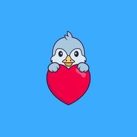 oiseau mignon tenant un grand coeur rouge. concept de dessin animé animal isolé. peut être utilisé pour un t-shirt, une carte de voeux, une carte d'invitation ou une mascotte. style cartoon plat vecteur