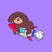 chien mignon volant sur fusée. concept de dessin animé animal isolé. peut être utilisé pour un t-shirt, une carte de voeux, une carte d'invitation ou une mascotte. style cartoon plat vecteur