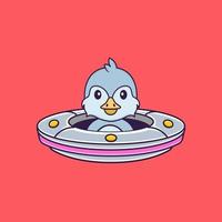oiseau mignon conduisant un vaisseau spatial ufo. concept de dessin animé animal isolé. peut être utilisé pour un t-shirt, une carte de voeux, une carte d'invitation ou une mascotte. style cartoon plat vecteur