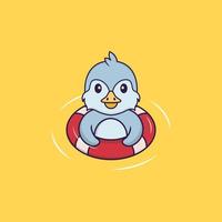 oiseau mignon nage avec une bouée. concept de dessin animé animal isolé. peut être utilisé pour un t-shirt, une carte de voeux, une carte d'invitation ou une mascotte. style cartoon plat vecteur