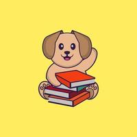 chien mignon lisant un livre. concept de dessin animé animal isolé. peut être utilisé pour un t-shirt, une carte de voeux, une carte d'invitation ou une mascotte. style cartoon plat vecteur