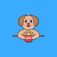 chien mignon mangeant des nouilles ramen. concept de dessin animé animal isolé. peut être utilisé pour un t-shirt, une carte de voeux, une carte d'invitation ou une mascotte. style cartoon plat vecteur