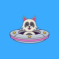 chien mignon conduisant un vaisseau spatial ufo. concept de dessin animé animal isolé. peut être utilisé pour un t-shirt, une carte de voeux, une carte d'invitation ou une mascotte. style cartoon plat vecteur