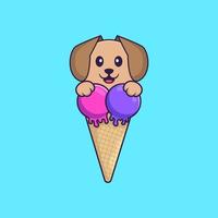 chien mignon avec de la crème glacée sucrée. concept de dessin animé animal isolé. peut être utilisé pour un t-shirt, une carte de voeux, une carte d'invitation ou une mascotte. style cartoon plat vecteur