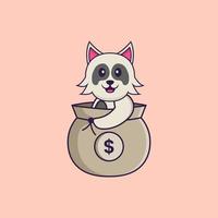 chien mignon dans un sac d'argent. concept de dessin animé animal isolé. peut être utilisé pour un t-shirt, une carte de voeux, une carte d'invitation ou une mascotte. style cartoon plat vecteur