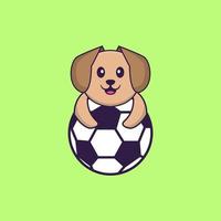 chien mignon jouant au football. concept de dessin animé animal isolé. peut être utilisé pour un t-shirt, une carte de voeux, une carte d'invitation ou une mascotte. style cartoon plat vecteur