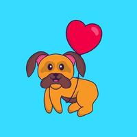 chien mignon volant avec des ballons en forme d'amour. concept de dessin animé animal isolé. peut être utilisé pour un t-shirt, une carte de voeux, une carte d'invitation ou une mascotte. style cartoon plat vecteur