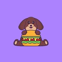 chien mignon mangeant un hamburger. concept de dessin animé animal isolé. peut être utilisé pour un t-shirt, une carte de voeux, une carte d'invitation ou une mascotte. style cartoon plat vecteur