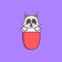 chien mignon dans la poche rouge. concept de dessin animé animal isolé. peut être utilisé pour un t-shirt, une carte de voeux, une carte d'invitation ou une mascotte. style cartoon plat vecteur