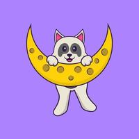 le chien mignon est sur la lune. concept de dessin animé animal isolé. peut être utilisé pour un t-shirt, une carte de voeux, une carte d'invitation ou une mascotte. style cartoon plat vecteur