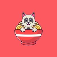 chien mignon mangeant des nouilles ramen. concept de dessin animé animal isolé. peut être utilisé pour un t-shirt, une carte de voeux, une carte d'invitation ou une mascotte. style cartoon plat vecteur