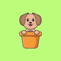 chien mignon dans un vase à fleurs. concept de dessin animé animal isolé. peut être utilisé pour un t-shirt, une carte de voeux, une carte d'invitation ou une mascotte. style cartoon plat vecteur