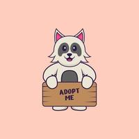 chien mignon tenant une affiche adopte-moi. concept de dessin animé animal isolé. peut être utilisé pour un t-shirt, une carte de voeux, une carte d'invitation ou une mascotte. style cartoon plat vecteur