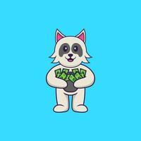 chien mignon tenant de l'argent. concept de dessin animé animal isolé. peut être utilisé pour un t-shirt, une carte de voeux, une carte d'invitation ou une mascotte. style cartoon plat vecteur