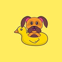 chien mignon avec bouée de canard. concept de dessin animé animal isolé. peut être utilisé pour un t-shirt, une carte de voeux, une carte d'invitation ou une mascotte. style cartoon plat vecteur