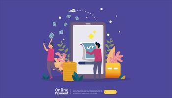 concept de paiement mobile ou de transfert d'argent pour l'illustration en ligne des achats sur le marché du commerce électronique avec un caractère minuscule. modèle de page de destination Web, bannière, présentation, médias sociaux, médias imprimés vecteur