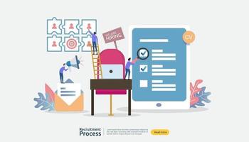 embauche d'emplois, concept de recrutement en ligne. caractère de personnes chaise vide. entretien en agence. sélectionnez le processus de reprise. modèle pour la page de destination Web, la bannière, la présentation, les médias sociaux. illustration vectorielle vecteur