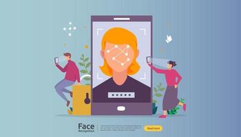 conception de la sécurité des données de reconnaissance faciale. numérisation du système d'identification biométrique faciale sur smartphone. modèle de page de destination Web, bannière, présentation, social, affiche, publicité, promotion ou support imprimé. vecteur