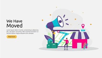 nouvelle entreprise d'annonce d'emplacement ou changement de concept d'adresse de bureau. nous avons déplacé l'illustration vectorielle pour le modèle de page de destination, l'application mobile, l'affiche, la bannière, le dépliant, l'interface utilisateur, le Web et l'arrière-plan vecteur