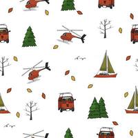 modèle sans couture coloré d'hélicoptère, yacht, bus de voyage, arbres, arbres de Noël, feuilles sur fond blanc