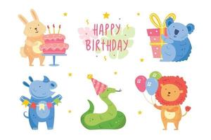 ensemble de joyeux anniversaire. animaux mignons célébrant ensemble. lapin koala rhino serpent lion. illustration vectorielle de décoration de vacances pour enfants isolés sur fond blanc vecteur