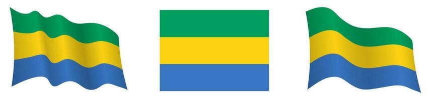 drapeau de Gabon dans statique position et dans mouvement, flottant dans vent dans exact couleurs et tailles, sur blanc Contexte vecteur