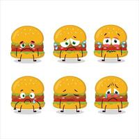 Hamburger dessin animé dans personnage avec triste expression vecteur