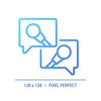 2d pixel parfait pente médias entretien icône, isolé vecteur, mince ligne bleu illustration représentant journalisme. vecteur