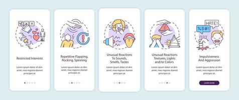l'écran de la page de l'application mobile d'intégration des symptômes de l'autisme. intérêts restrictifs, agression pas à pas Instructions graphiques en 5 étapes avec des concepts. modèle vectoriel ui, ux, gui avec des illustrations en couleurs linéaires