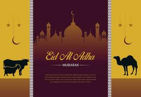 eid Al adha concept avec chèvre, mosquée, calligraphie texte et islamique Festival eid Moubarak, eid Al adha salutation carte fête pour musulman communauté vecteur